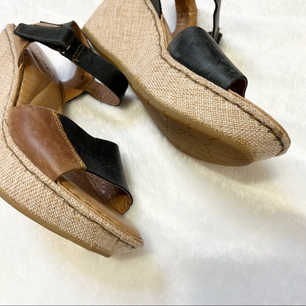 Born Nectar Brown Black Leather Two Tone Open Toe Wedge Sandal Women Size 9 - Picture 12 of 13